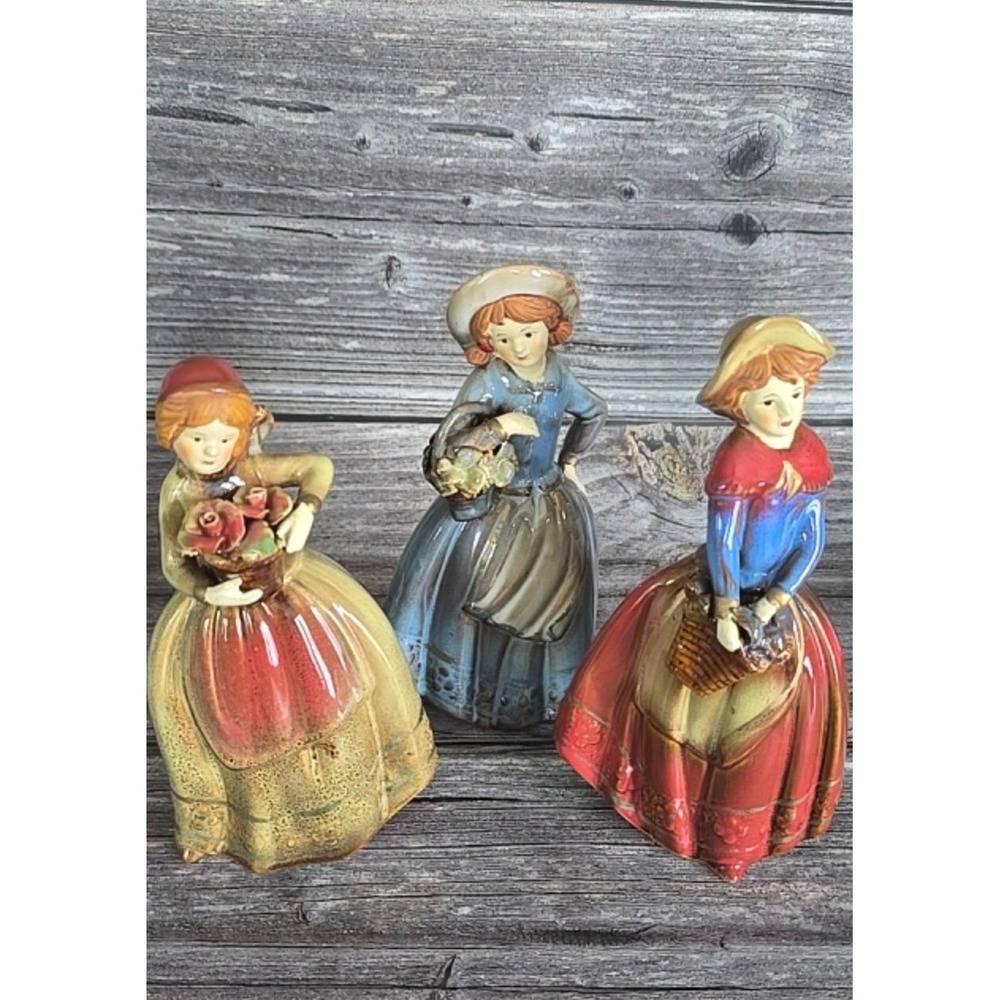 3 Vintage Ceramic Bonnet Girl Figurines Drip Glaze Country Farmhouse Decor
